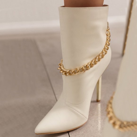 NEW🔥 Cream White Metallic Stiletto Heel Booties Ankle Boot Gold Chain Anklet - Picture 2 of 7